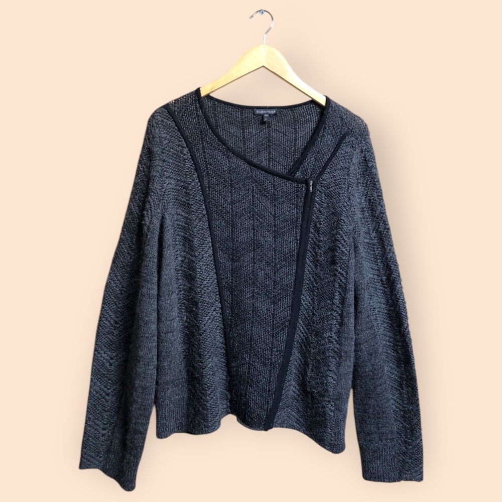 Eileen Fisher Charcoal Gray Asymmetrical Zip Cardigan Sweater